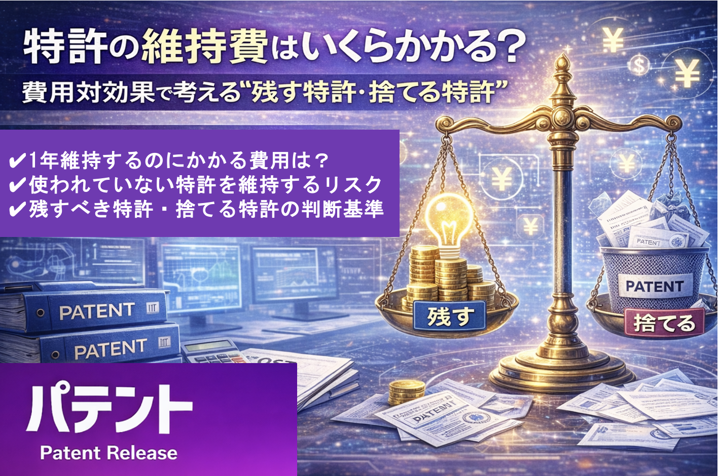 「特許の維持費はいくらかかる？費用対効果で考える“残す特許・捨てる特許”」のアイキャッチ画像