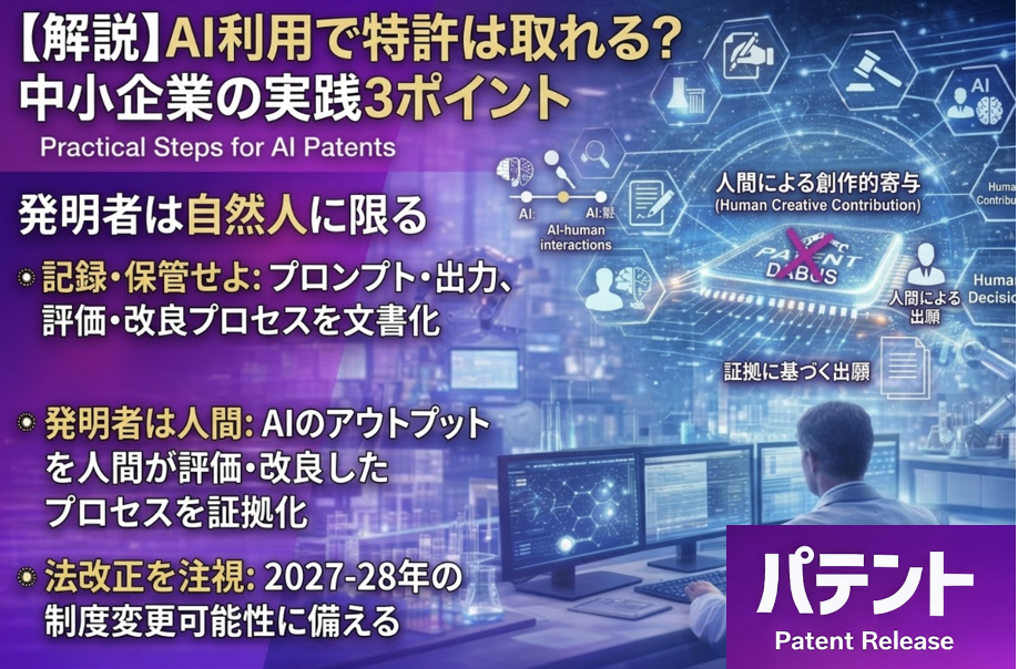 「【独自解説】AIで発明しても特許は取れない？中小企業が今すぐ実践すべき3つのこと」のアイキャッチ画像